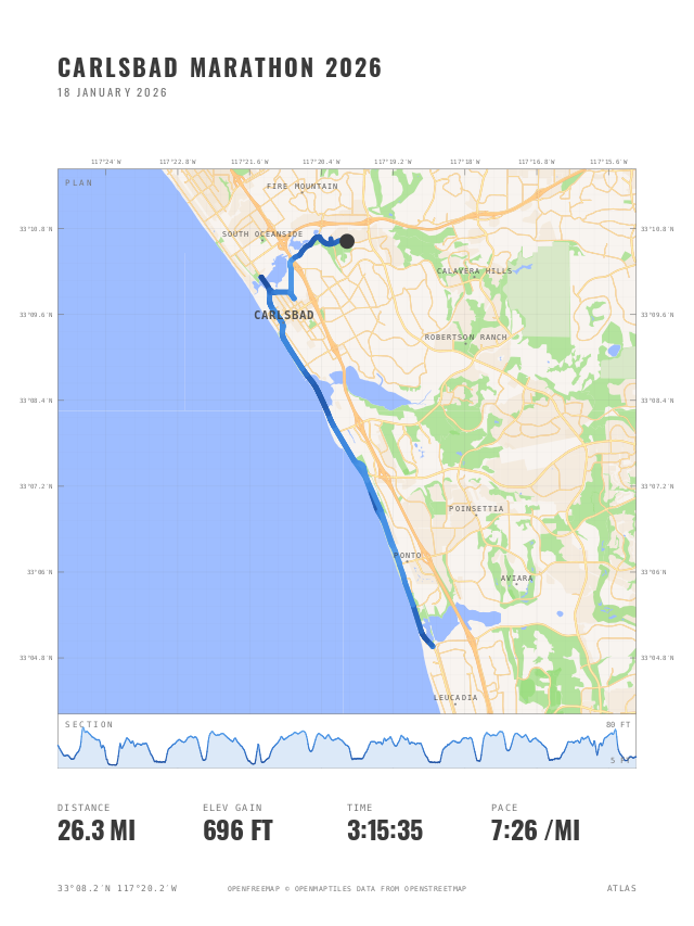 The Carlsbad Marathon rendered in the Atlas colorway, a warm street map inside a white sheet