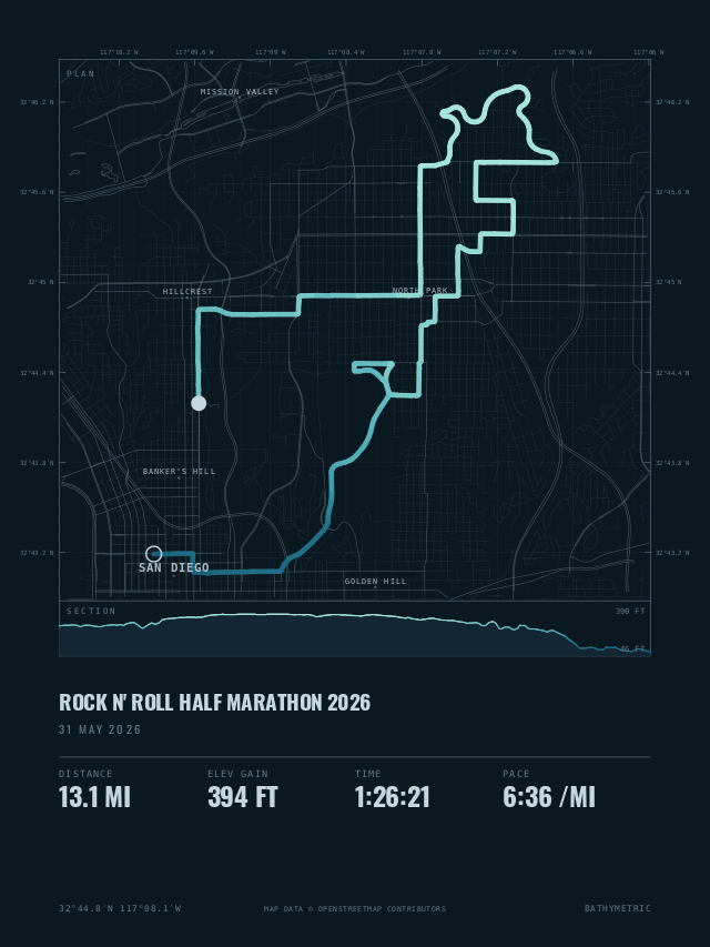 The Rock N Roll Half Marathon rendered in the Bathymetric colorway