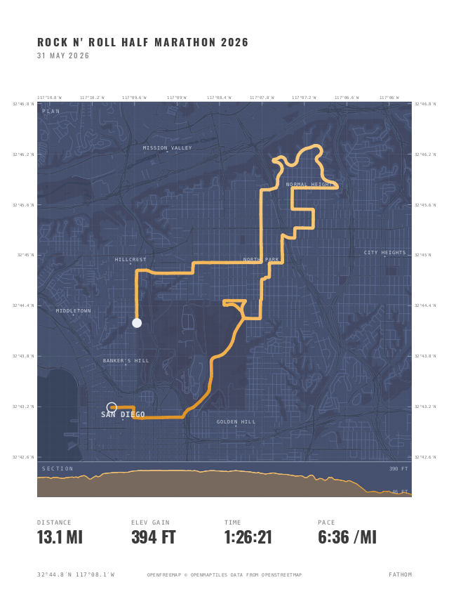 The Rock N Roll Half Marathon rendered in the Fathom colorway, a night-blue street map inside a white sheet