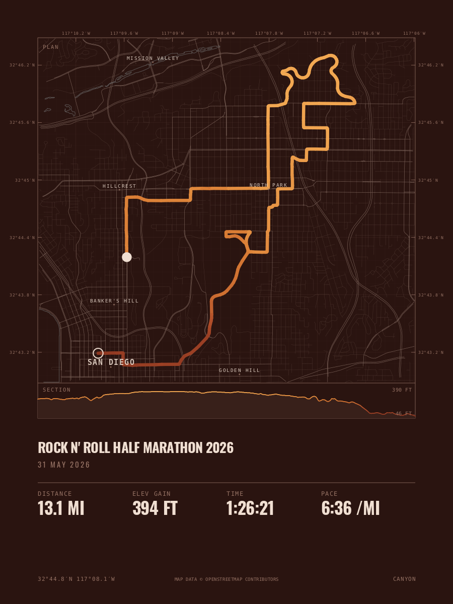 The Rock N Roll Half Marathon drawn overhead, with the street network of San Diego around it